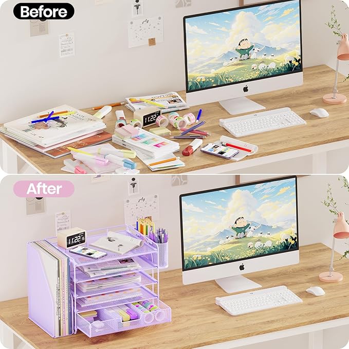 Desk Organizers and Accessories, 5-Tier Paper File Organizer with Drawer & Pen Holder, Office Desk Accessories Workspace Desktop Organizer for Office Supplies((Purple)