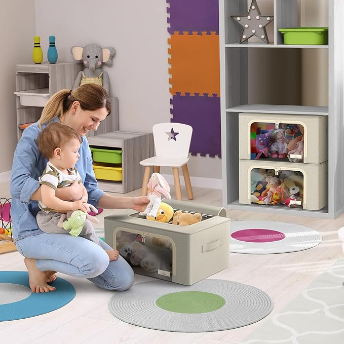 Sorbus Storage Bins with Metal Frame - Stackable & Foldable Clothes Organizer Bags - Oxford Fabric Storage Containers with Large Clear Window & Carry Handles, Bedroom Organization for Bedding & Linen