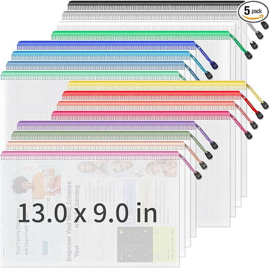 Umriox 16PCS Zipper Pouch, Mesh Bags with Zipper, 16 Color A4/Letter Size Pouches for Organization, Clear Zipper Pouches for Puzzles, Board Games, Craft Projects