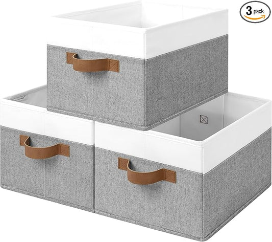 StorageWorks Storage Baskets for Shelves, Foldable Fabric Closet Storage Bins with Handles, Fabric Storage Bins Clothes Organizer, Gray and White, 3-Pack, Large