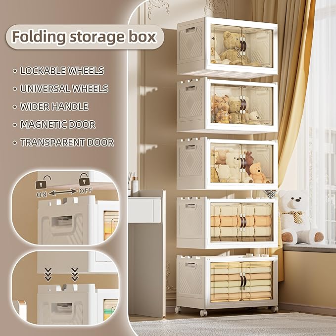 332 QT / 83 Gal Extra Wide Foldable Plastic Cabinet with Double Magnetic Doors & Leather Handles - Stackable, 4 Locking Wheels, Space Saving Storage for Small Spaces