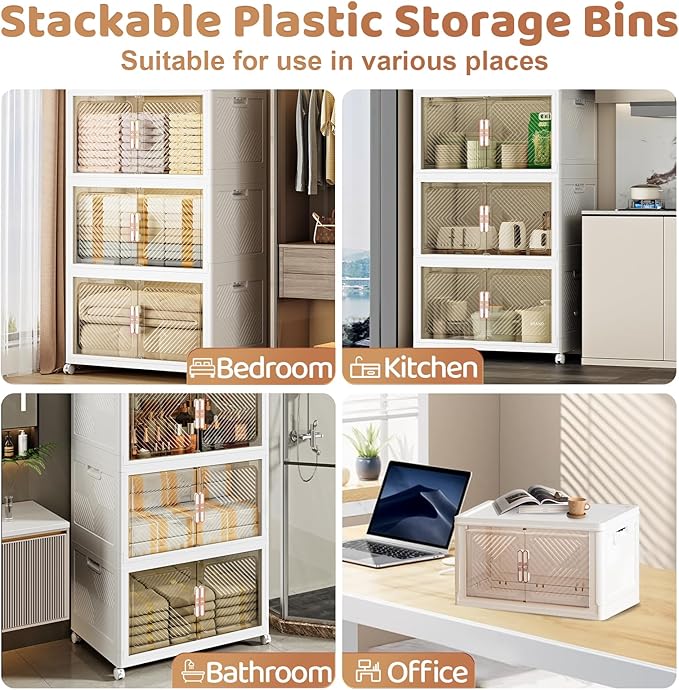 Storage Bins with Lid 76QT, Stackable Storage Containers with Wheels and Magnetic Doors, Plastic Clothes Closet Organizers and Storage Box for Home and Office(2 Pack)