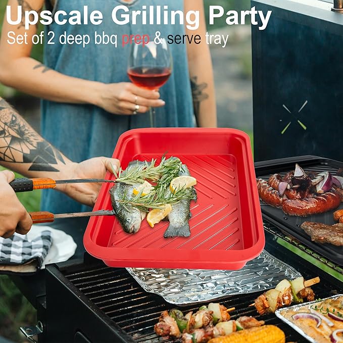 Deep Grilling and Prep Serving Tray, BBQ Trays for Raw and Cooked Food, Melamine Serving Trays for Food, Set of 2, Black and Red