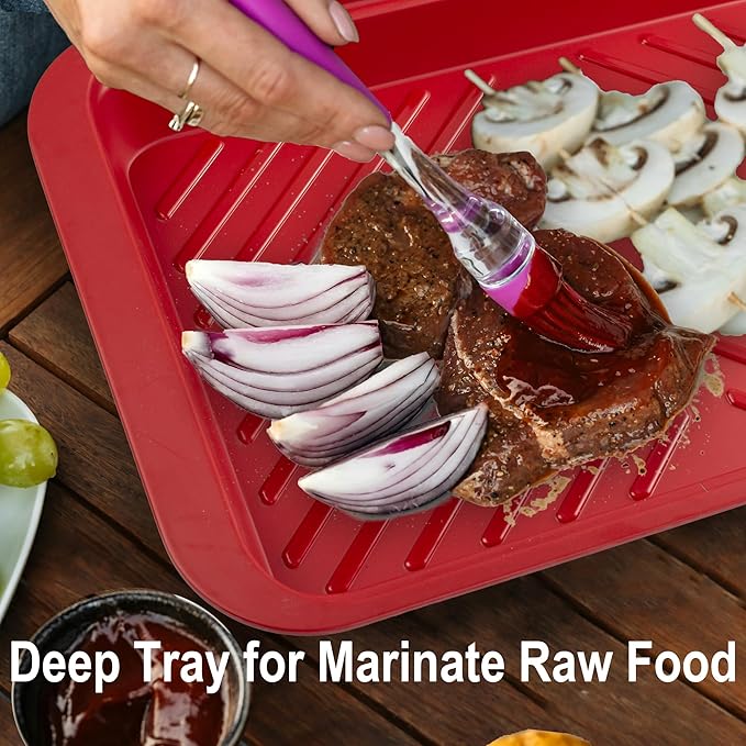 KAQAHIDO Grilling Deep Prep and Serve Trays, BBQ Platter for Raw Meat Marinating and Finished Cooked Food, Melamine Serving Tray, Set of 2, Cleaning Pack Included