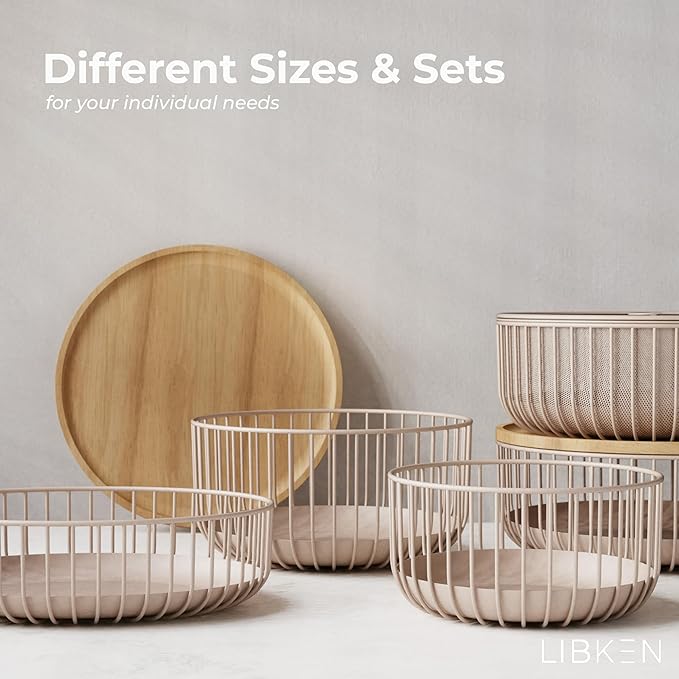 Metal Fruit Bowl Basket with Wooden Lid - Fruit and Vegetable Holder For Kitchen Counter - Countertop Display Baskets Organizer - Bowl Storage for Veggie, Fruits, Snack, and Banana - Peach