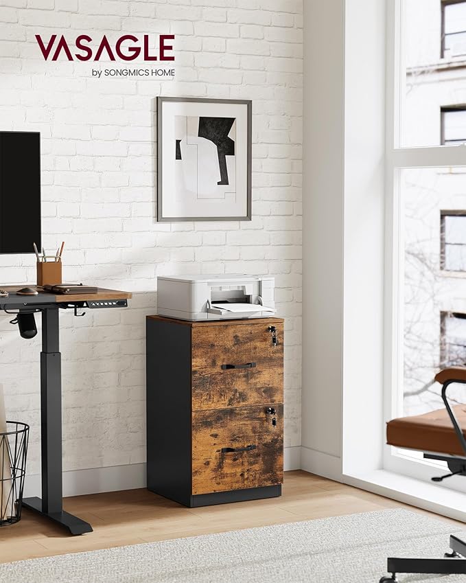 VASAGLE 2 Drawers File Cabinet with Lock, Printer Stand, Office Filing Cabinet Organizer, for A4 and Letter Size Documents, Rustic Brown and Ink Black UOFC061B01