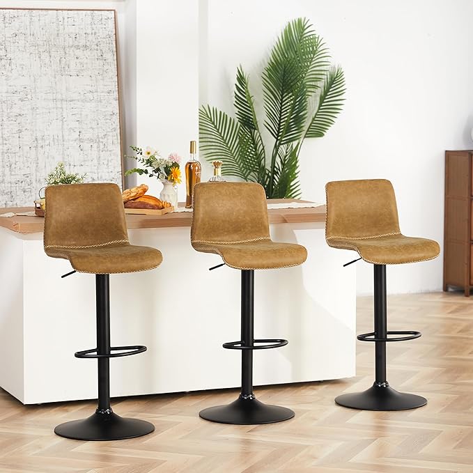 HeuGah Bar Stools Set of 3, Swivel Counter Height Barstools with Back, Adjustable Height 24" to 32", Whiskey Brown Faux Leather Bar Chairs for Kitchen Island (Whiskey Brown, Set of 3 (24'' to 32''))