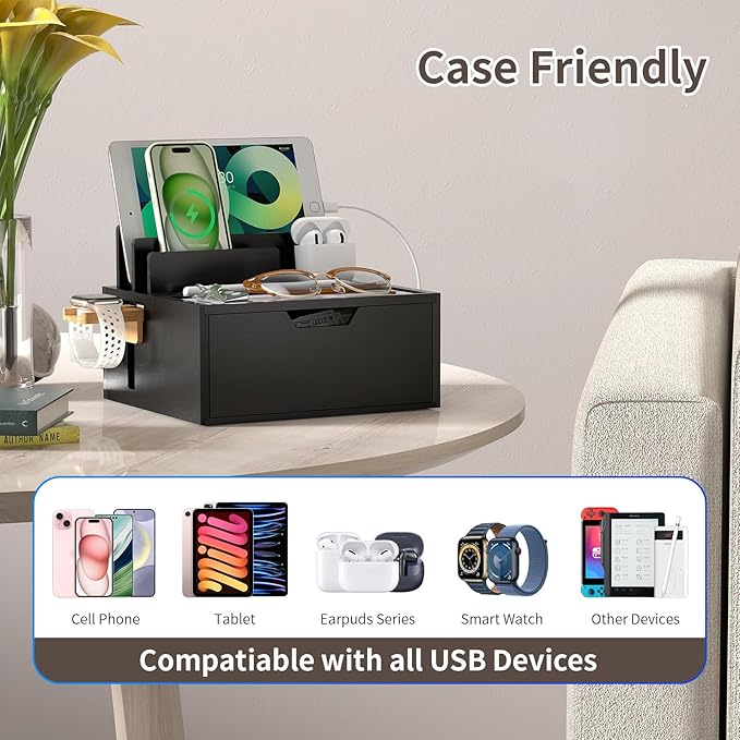 Pezin & Hulin Bamboo Charging Station for Multi Device, with Power Charger & Cables, Nightstand Docking Station with Lined Tray & Drawer, Compatible with Tablet, Cell Phones-Black