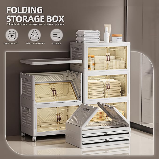 200 QT / 50 Gal White Storage Bins with 1 Lid - Collapsible Stackable Cabinet Organizer w/Wheels & Magnetic Doors, Plastic Storage Box for Office Closet Organization