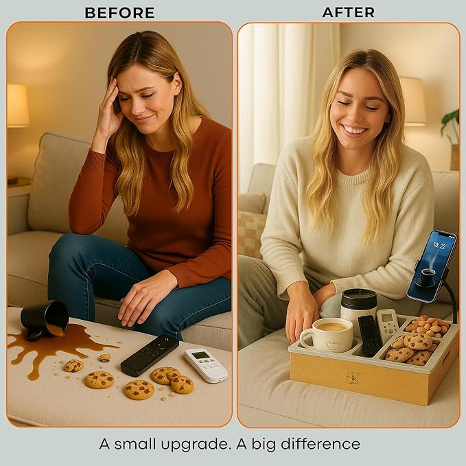 Couch Caddy with Cup Holder | Bamboo Couch Cup Holder Tray for Drinks, Snacks & Remotes | Couch Tray for Bed, Car Seat & Beach Organizer (Grey)