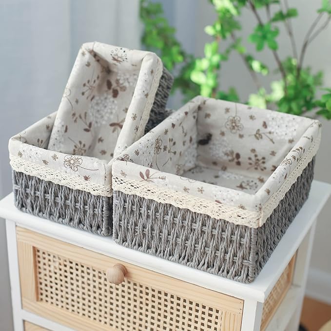 YRMT Macrame Storage Baskets Set of 3 Boho Decor Baskets for Organizing Decorative Paper Rope Woven Storage Basket with Liner Rectangular Empty Gift Basket Countertop Shelves Organizer