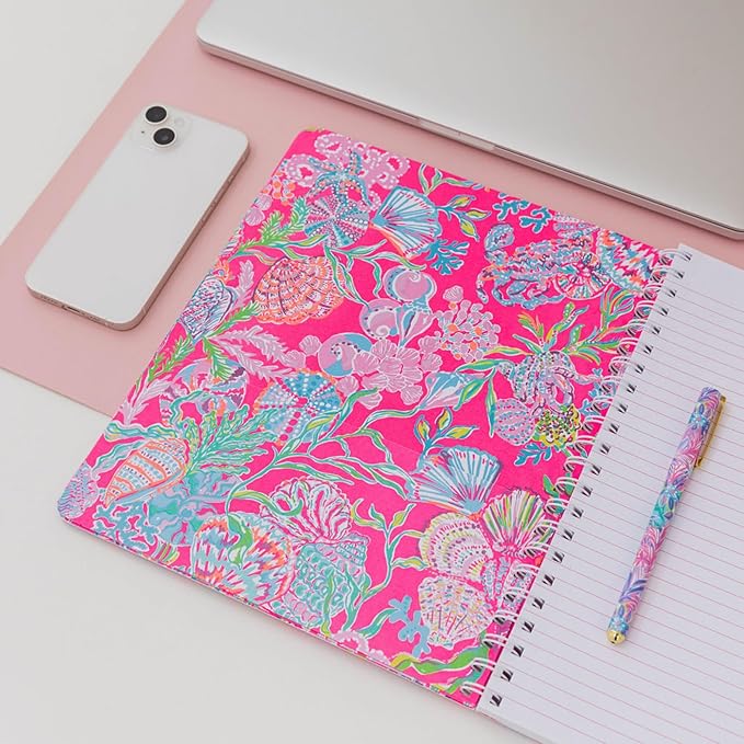 Lilly Pulitzer Large Pink Hardcover Spiral Notebook, 11" x 9.5" with 160 College Ruled Pages, Shell Me Something Good