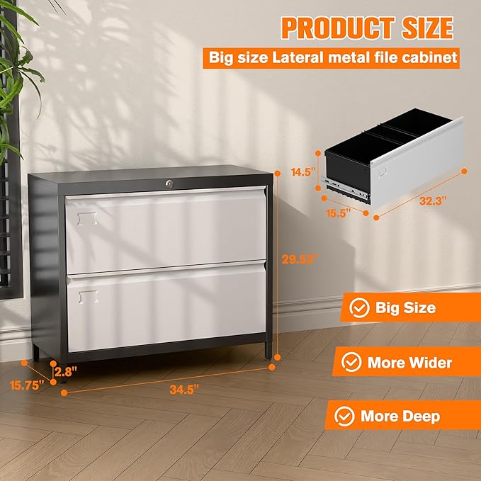 Metal Lateral File Cabinet with 2 Drawers, Wide Lateral Filing Cabinet with Lock for Hanging Files Letter/Legal/F4/A4 Size for Home Office School, Black and Grey, Assembly Required