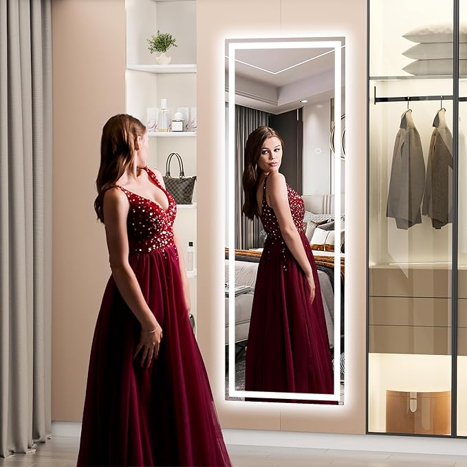 Hasipu Full Length Mirror with Lights, 56" x 15.8" LED Floor Mirror, Full Body Dressing Standing, Hanging Mounted Mirror for Living Room Bedroom Cloakroom, Square White