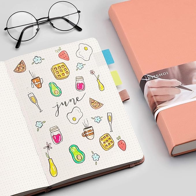 EMSHOI Dotted Notebook - 256 Pages A5 Bullet Dotted Journal, Hardcover Dot Grid Notebook, Leather Notebooks for Work, 120gsm Thick Paper,16 Perforated Pages, Inner Pocket,5.75'' × 8.38''-Pink