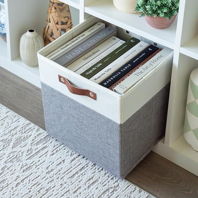 OrganiHaus 12" x 12" x 12" Fabric Cube Storage Bins - Set of 4, Cube Fabric Organizer Bins with Vegan Handles, Kallax Storage Cubes, 12Inch Cubic Baskets for Shelves - Grey / White