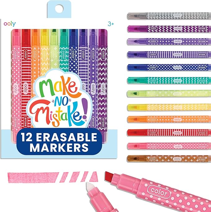 Ooly Make No Mistake Erasable Markers, Stress and Mess Free Marker Pack You Can Erase, Drawing & Coloring Pens for Kids and Adults, Colorful Back to School Supplies for Any Arts & Crafts, Set of 12