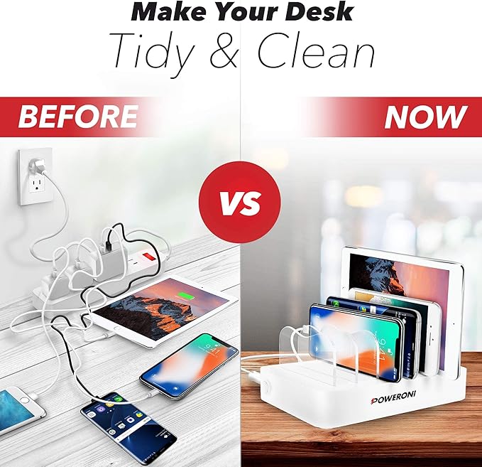 USB Charging Dock - 6-Port Universal Charging Station for Multiple Devices - Multi Device Charger Station - Compatible with Apple, iPad, iPhone, and Android Cell Phones and Tablets