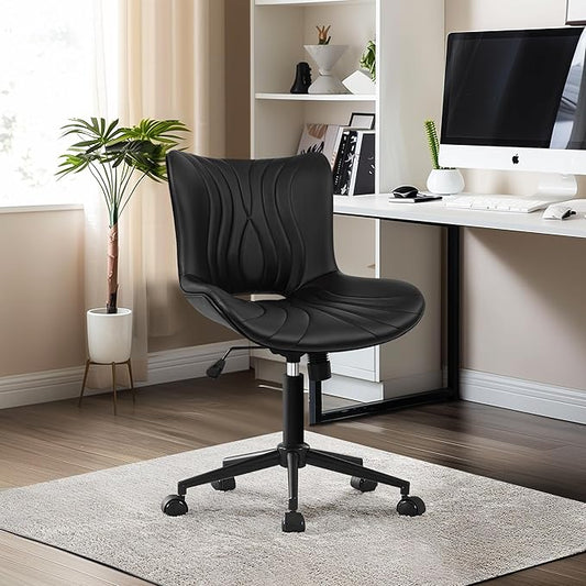 Office Chair, Armless Desk Chair with Wheels, Ergonomic Comfy Home Office Computer Task Chairs, Faux Leather Padded Cute Vanity Chair, Adjustable Height Swivel Chair with Back,Black