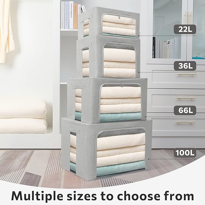 FHSQX 2 Pack Clear Window Storage Bins - Large Stackable Linen Fabric Storage for Clothes Foldable Container Organizer Set with Carrying Handles (Light Gray, 23.6x 16.5x 15.7 Inch)