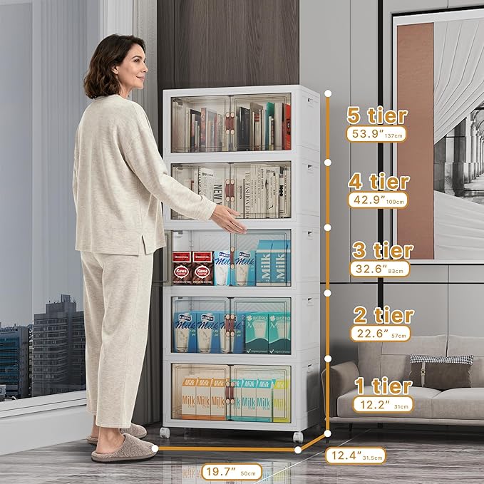 275Qt Stackable Storage Bins with Lids, 5 Pack Large Collapsible Bins with Wheels, Plastic Cabinet with Doors, Foldable Closet Organizers and Storage for Home, Dorm, Office, White