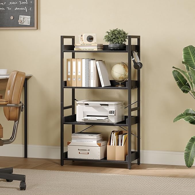 Rolanstar Bookshelf 4 Tier with 4 Hooks, Industrial Wood Bookcase, Vintage Storage Rack with Open Shelves, Rustic Standing Bookshelves Metal Frame Display Rack for Living Room, Bedroom, Black