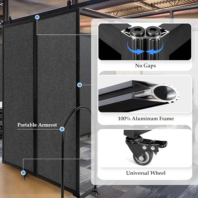 Folding Room Partition,Privacy Room Screen with Arms,Office Dividers Partition Wall,10'2"L* 6'7"H,Dark Grey