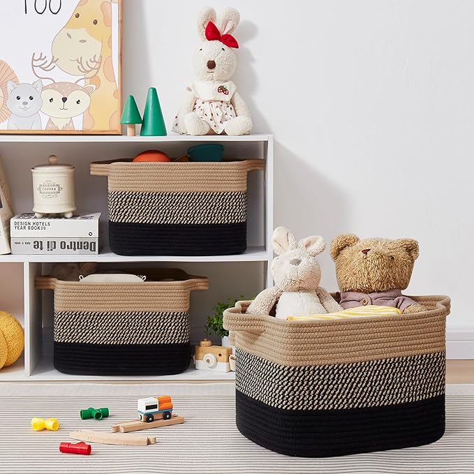 Storage Basket for Organizing, Woven Baskets for Storage, Rectangle Decorative Baskets for Shleves, Closet, Toys, Books, Nursery Organizer Bins - Pack of 3 (Black & Brown, 15.75"x11.8"x9.85")