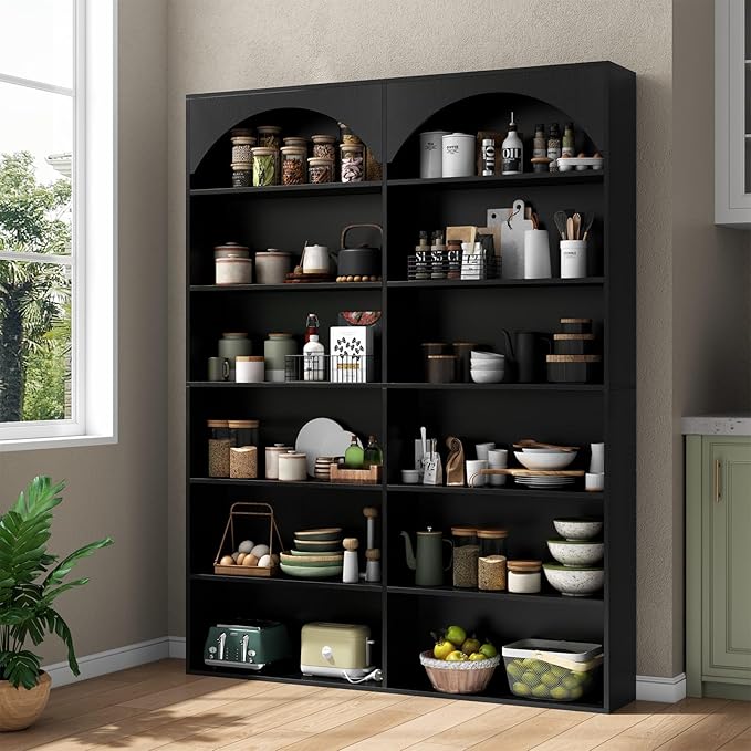 70.8’’ Tall Bookshelf and Bookcase of 2 pcs, 7-Tier Double Wide Bookcase Modern Large Open Display Shelves with Curved Baffle for Home Office Living Room (Black-2pcs)