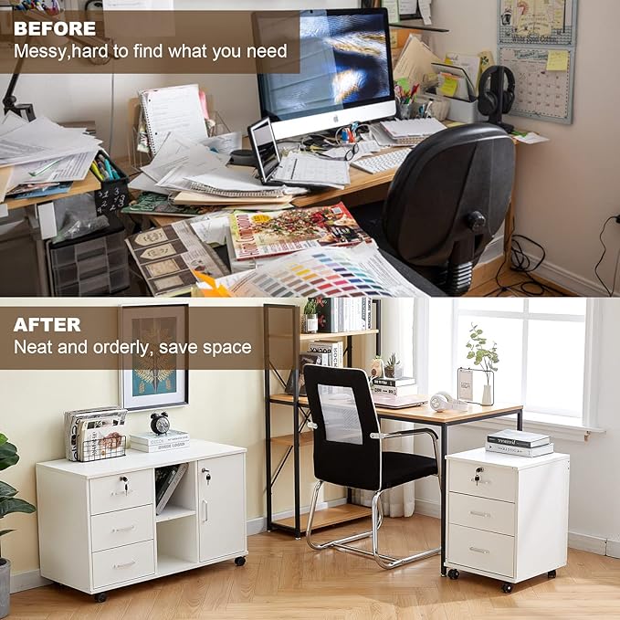 TUKAILAi Mobile File Cabinet with 3 Drawers, Lockable Storage Unit Wooden Rolling Office Filing Cabinet with Wheels, for Legal/Letter/A4 Sized Documents Home Office (White 2PCS)