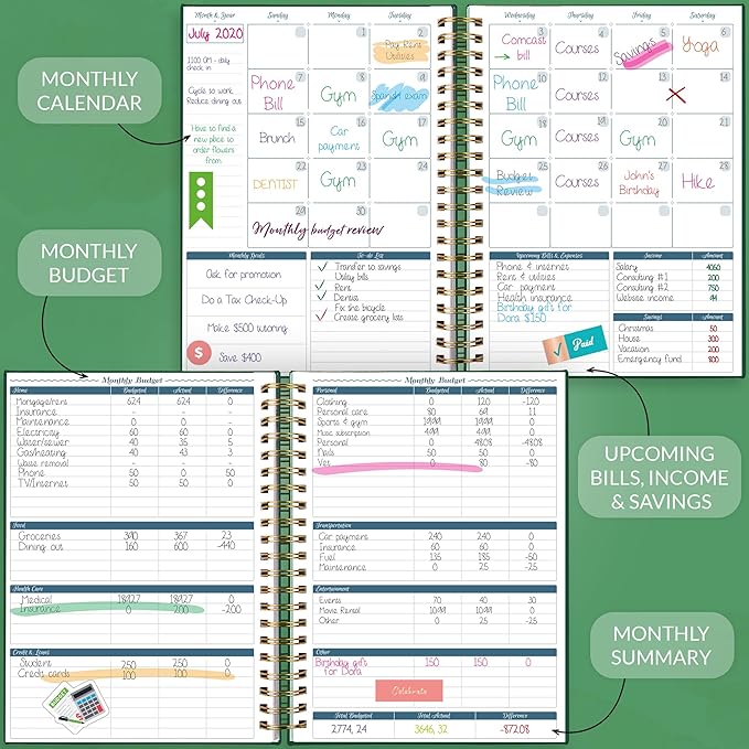 GoGirl Budget Planner & Monthly Bill Organizer – Monthly Financial Book with Pockets. Expense Tracker Notebook Journal, Large (Dark Green)