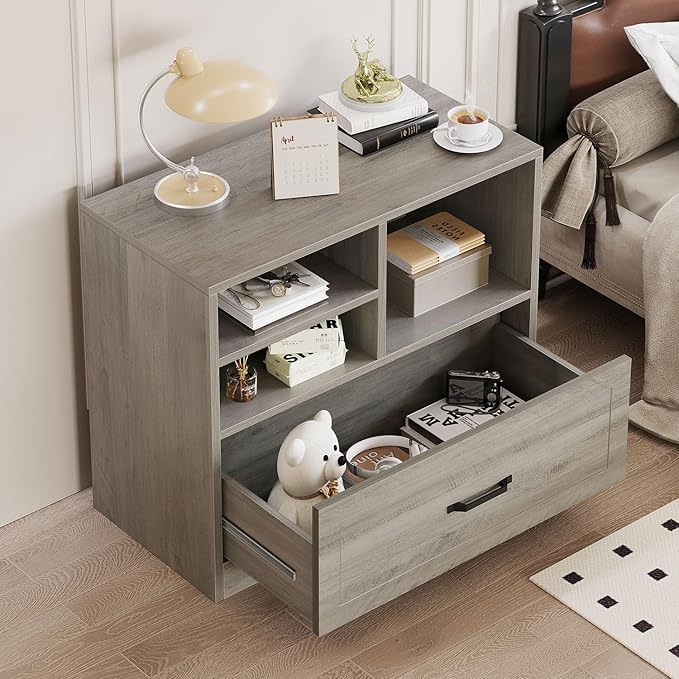 LVB Lateral Wood File Cabinet with Drawer, Farmhouse Printer Filing Cabinet with Storage for Legal Letter A4, Wooden Printer Stand with Hanging File Organizer Shelves for Home Office, 32.7 in, Greige