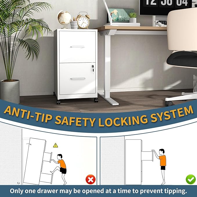 2 Drawer File Cabinet on Wheels, Mobile Filing Cabinets with Lock, Metal Storage Cabinet, Vertical Filing Cabinets for Home Office, Rolling File Cabinet for Under Desk, Amssebly Required,White