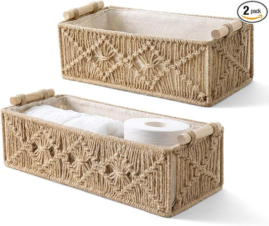 Mkono Macrame Storage Baskets Boho Decor Box Handmade Woven Decorative Countertop Toilet Tank Shelf Cabinet Organizer for Bedroom Livingroom Home, Set of 2, Brown