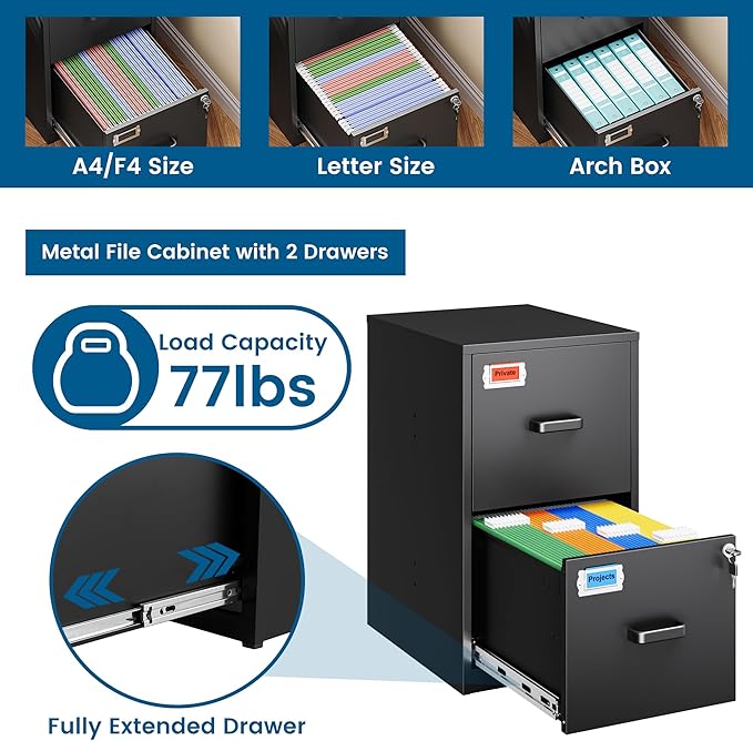 2 Drawer File Cabinet with Lock, 25.4" High Vertical Filing Cabinet, 17.7" Deep Metal Storage Cabinets for Home Office, Letter/Legal/A4/F4 Size, Black(Assemble Required)