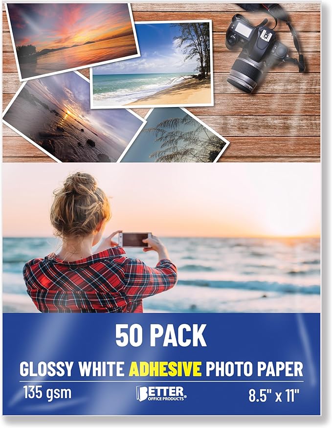 Better Office Products Self-Adhesive Photo Paper, Sticky Photo Paper, Glossy, 8.5 x 11 Inch, 50 Sheets, 135 gsm, Letter Size, 50-Count Pack