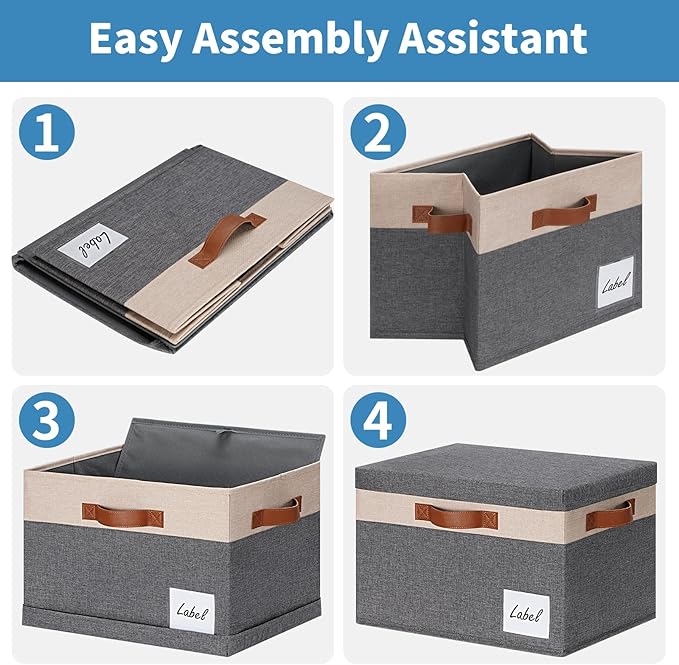 GhvyenntteS Large Storage Bins with Lids 6 Pack, Large Closet Storage Bin with Lid and 3 PU Handles, Foldable Fabric Storage Boxes with Label Window for Home Office (Beige, 15" x 11" x 9.7")