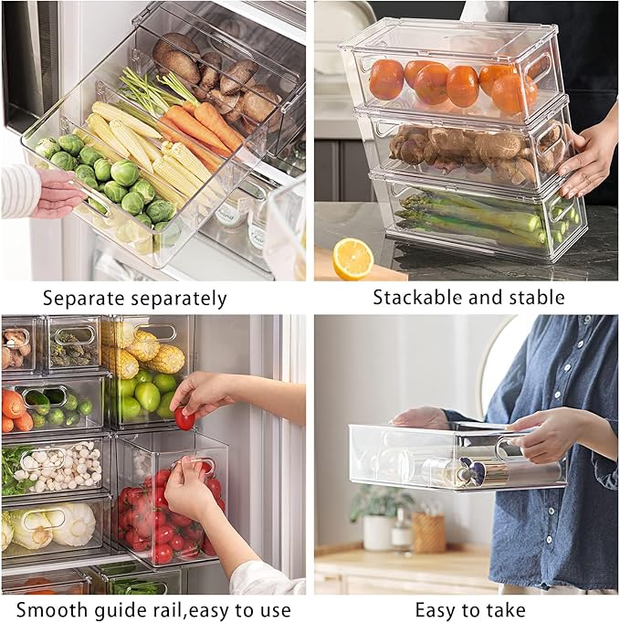 MANO Fridge Drawer Pull Out Stackable Bins with Handle Clear Refrigerator Drawers Organizer Food Storage Container Box with Dividers Plastic Produce Saver for Pantry, Cabinet, Kitchen, Clothes（4Pack）