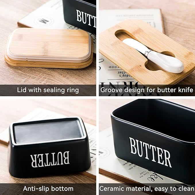 HOOMIL Ceramic Butter Dish with Lid - 650ml Large Capacity Airtight Butter Keeper Container Includes Butter Knife, Durable Stoneware Countertop Storage - Black