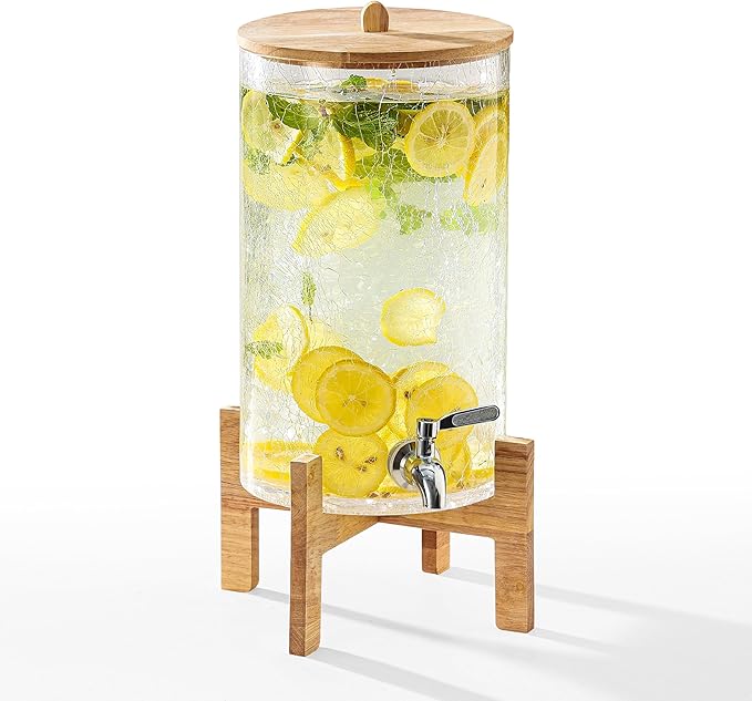 2 Gallon Glass Drink Dispenser with Stand, Beverage Dispenser with Wood Lid and Stainless Steel Spigot, Glass Water Dispenser for Parties, Ideal for Juice, Tea, Lemonade, and More