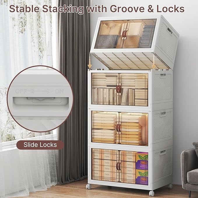 480Qt Stackable Storage Bins with Lids, 4 Pack Large Collapsible Bins with Wheels, Plastic Cabinet with Doors, Foldable Closet Organizers and Storage for Home, Dorm, Office, White