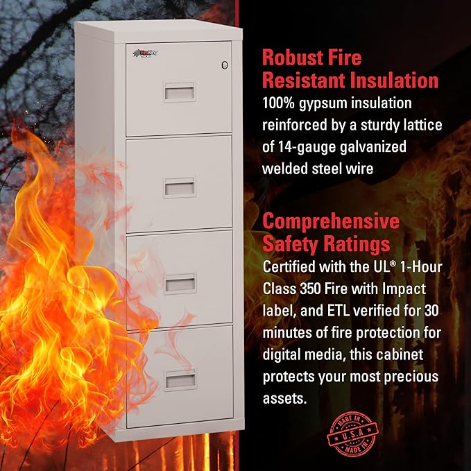 FireKing Turtle Vertical 4 Drawer Legal and Letter Fire Safe File Cabinet with Key Lock, 1 Hour Fire Rated, UL Rated & Water Resistant Home Safe, Filing Cabinet, Made in The USA, Platinum