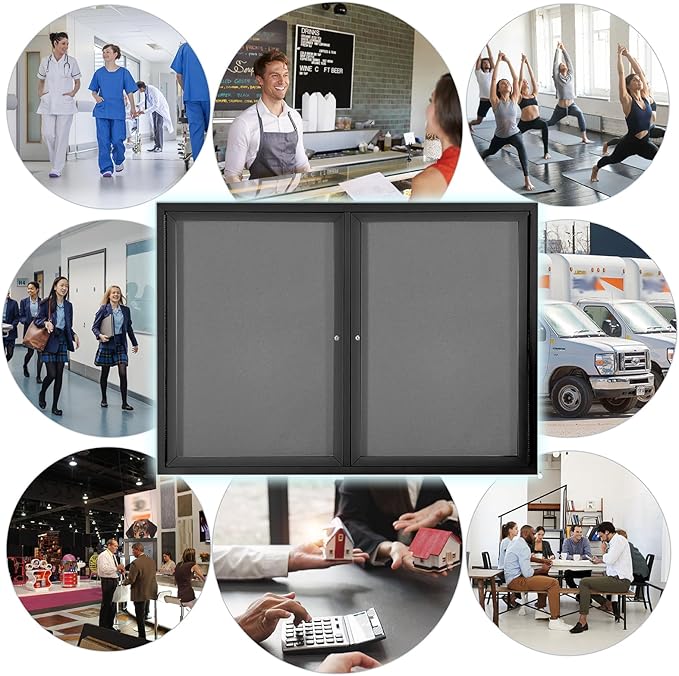 Enclosed Bulletin Board Outdoor Noticeboard with Locking Door, Weather-Resistant, Grey Felt, Black Aluminum Frame, 48 x 34 in
