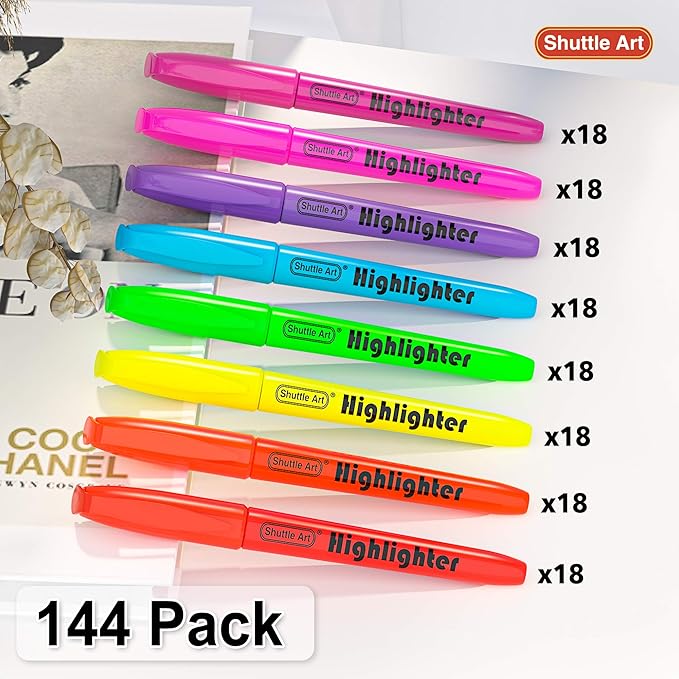Shuttle Art 144 Pack Highlighters, Highlighters Assorted Colors Set, 8 Bright Colors Chisel Tip Highlighter Markers Bulk for Kid and Adult Coloring, Highlighting as School Supplies