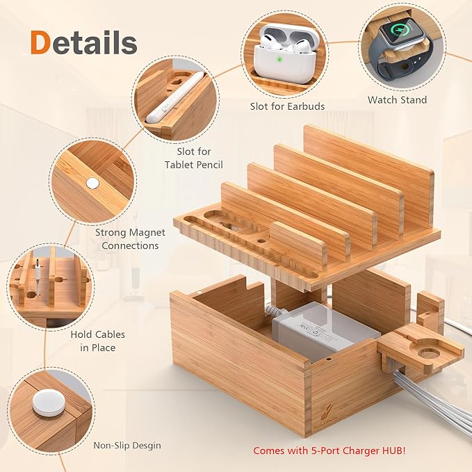 Pezin & Hulin Desktop USB Charging Station with Bamboo Charging Station, Desktop Charger Block, Compatible with Tablet, Cell Phone, Earbuds, Smartwatch