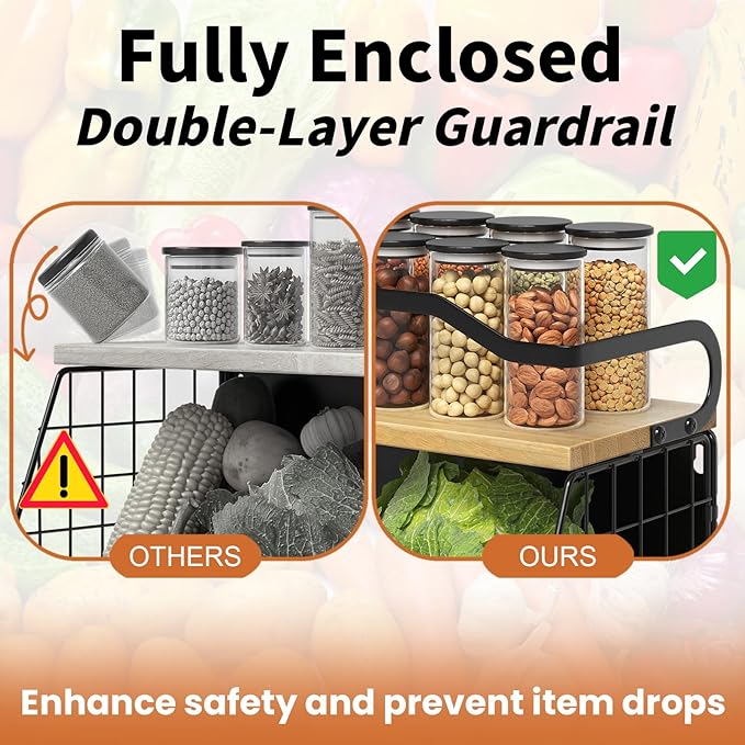 Magnetic Shelf for Fridge with Wood Lid, Fruit Potato and Onion Storage Bins, Magnetic Spice Rack for Refrigerator Large Container Wire Basket for Refrigerator, Kitchen Counter, Cabinet