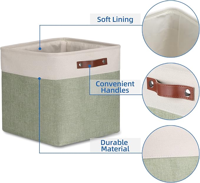 Temary Cube Storage Baskets for Shelves 4pack Fabric Storage Basket for Organizing Clothes, 13 Inch Storage Cubes with Leather Handles, Closet Baskets (White&Green)