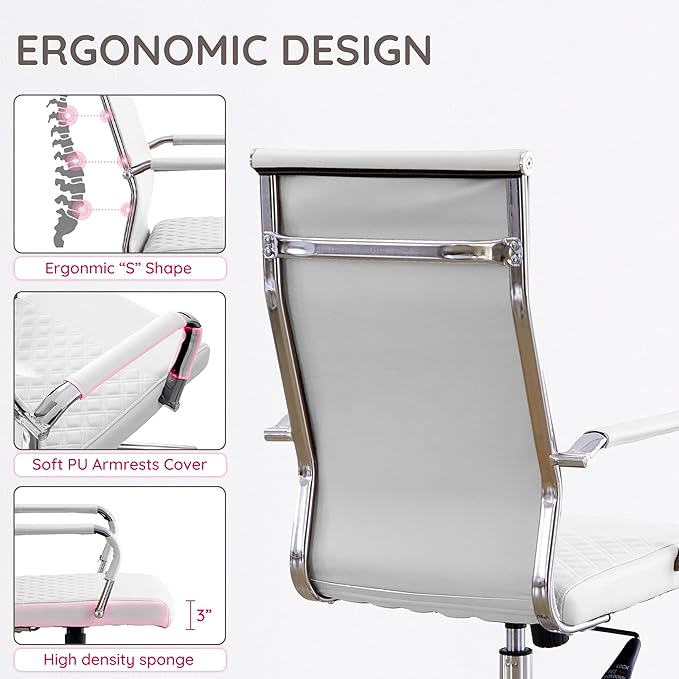 Livinia Modern Executive Office Chair with Patterned Back Design, Chrome & Leather Swivel Chair with High Back, Adjustable Height, Removable Armrests, and Wheels for Home Office (White(Chrome))