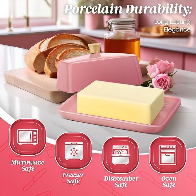 Flexzion Ceramic Pink European Butter Dish with Lid for Countertop (8 Inch) - Wide 2 Stick Double Butter Holder for Counter, Cream Cheese Container Storage Keeper