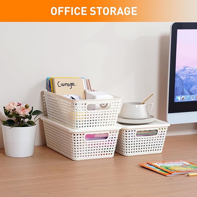 Plastic Storage Baskets With Lid, Storage Bins for Organizing, Stackable Decorative Containers for Shelves Drawers Desktop Closet Playroom Classroom Office, 8 Pack-White